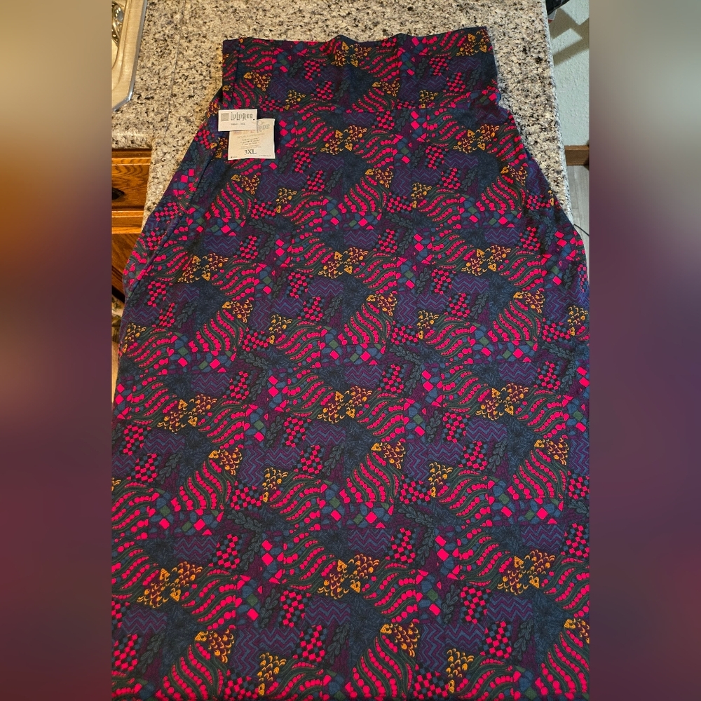 LulaRoe Multicolor Geometric Graphic Maxi Skirt Fold Over Waist Stretch Size 3XL